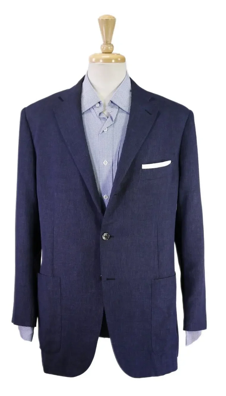 Trillon by Belvest Blue Wool Linen Silk Patch Pocket 3/2 Roll Blazer Jacket 44R